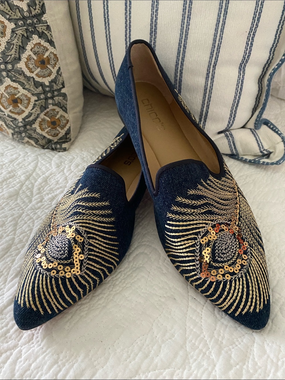 NWOT Chico's Peacock Navy Denim Embroidered Pointed-Toe Sequined Flats Size 9